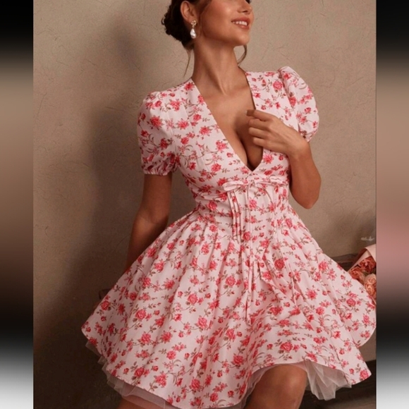 Dresses & Skirts - Women French Puff Sleeve Ditsy Floral Elegant Waist Flared Mini Dress